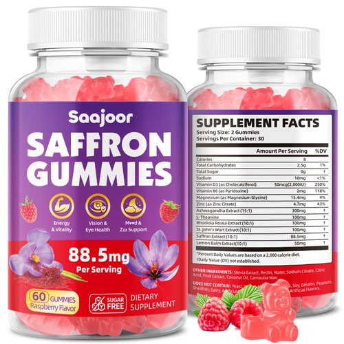 Saffron Gummies for Adult Kids - with Saffron 88.5mg, Vitamins D3 & B6, Magnesium, Zinc, Ashwagandha, L - Theanine, St. John's Wort - Supports Mood & Focus, Vegan, Raspberry Flavor, 60 Gummies