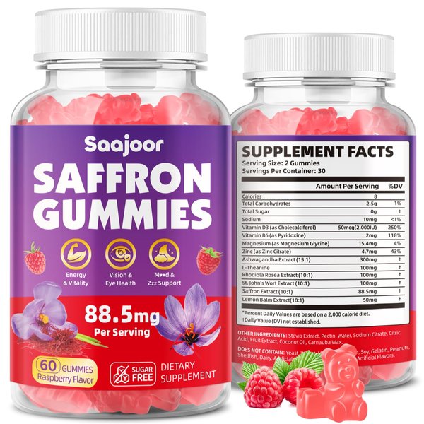 Saffron Gummies for Adult Kids - with Saffron 88.5mg, Vitamins D3 & B6, Magnesium, Zinc, Ashwagandha, L - Theanine, St. John's Wort - Supports Mood & Focus, Vegan, Raspberry Flavor, 60 Gummies
