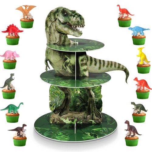 Censen 3 Tier Dinosaur Cupcake Stand Party Supplies Dinosaur Cupcake Holder 24 Pcs Dinosaur Figure Toys Cupcake Toppers Dinosaur Dessert Tower for Boys Dinosaur Jungle Theme Birthday Party Decorations