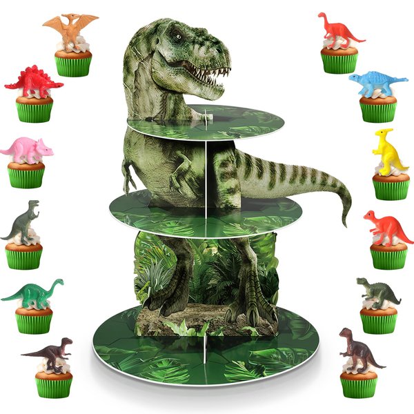 Censen 3 Tier Dinosaur Cupcake Stand Party Supplies Dinosaur Cupcake Holder 24 Pcs Dinosaur Figure Toys Cupcake Toppers Dinosaur Dessert Tower for Boys Dinosaur Jungle Theme Birthday Party Decorations