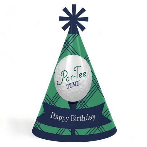 Big Dot of Happiness Par-Tee Time - Golf - Cone Happy Birthday Party Hats for Kids and Adults - Set of 8 (Standard Size)