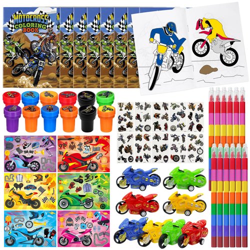 72 Pcs Dirt Bike Party Coloring Book Set,Motocross Birthday Party Favors Goodie Bags Fillers, Motorcycle Extreme Sports Party Supplies Face Stickers Tattoo Prizes Gift for Cross Country Racing Party