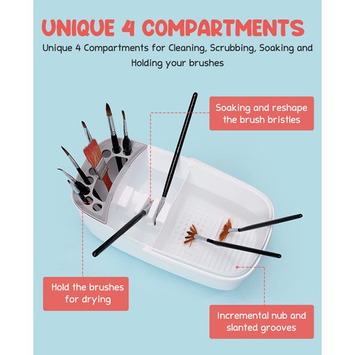 GAMENOTE Paint Brush Cleaner - Paint Brush Holder with Palette and Handle, Paint Brush Rinser for Acrylic, Watercolor, and Water-Based Paints, Painting Art Supply Storage Organizer (White+Grey)