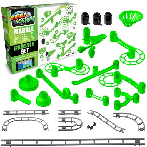 Marble Genius Marble Rails Booster Set: 30 Piece Marble Run (includes 12 Plastic Marbles), Add-Ons for Marble Rails Building Sets, with Online App and Full-Color Instructions, Ages 8 and Up