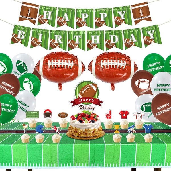 Football Theme Party Supplies - Including HAPPY BIRTHDAY Banner, Football Foil Balloons, Cake Topper, Tablecloth, Balloons for Game Day, and Football Birthday party Decorations