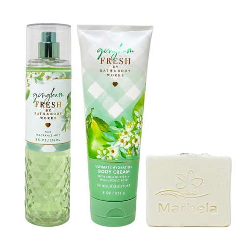 Bath & Body Works Gingham Fresh Fragrance Mist and Body Cream Bundle with a Natural Oats Soap - Full Size