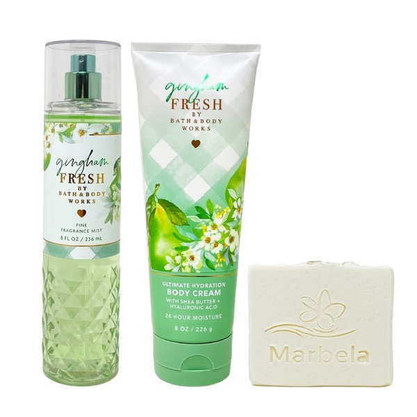 Bath & Body Works Gingham Fresh Fragrance Mist and Body Cream Bundle with a Natural Oats Soap - Full Size