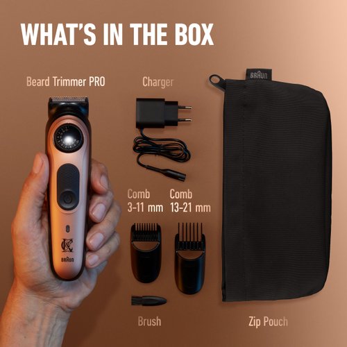 King C. Gillette Beard Trimmer PRO with 40 Beard Length Settings in Precise 0.5mm Steps, Cordless Design & 1 Trimmer, 1 Brush, 2 Combs, 1 Charger and 1 Zip Pouch