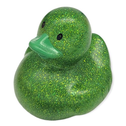 Barrel of 20 Colorful Glitter Rubber Duckies (in a Clear Display Case) 2". Rubber Bath Tub Ducks with a Tag. Yellow, Pink, Blue and Green