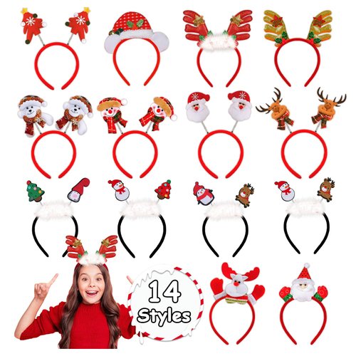 PARTYWIND Christmas Headband for Party Decorations, 14 Styles Christmas Holiday Headbands for Kids Costumes Accessories, Xmas Party Supplies Favors, Antler Reindeer Santa Hat