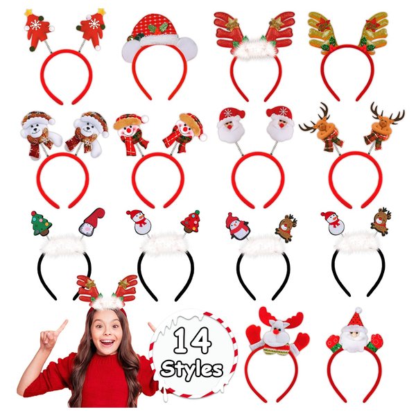 PARTYWIND Christmas Headband for Party Decorations, 14 Styles Christmas Holiday Headbands for Kids Costumes Accessories, Xmas Party Supplies Favors, Antler Reindeer Santa Hat