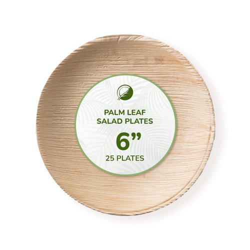 THE CLEAR CONSCIENCE TCC - Palm Leaf Salad Plates, 6" round, 25 pcs, 1/2 inch deep, Bamboo & Wood Style, Biodegradable, Single Use, Disposable, Usable for Hot Dishes