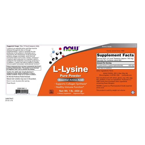 NOW Foods Supplements, L-Lysine (L-Lysine Hydrochloride) Powder, Supports Collagen Synthesis*, Amino Acid, 1-Pound