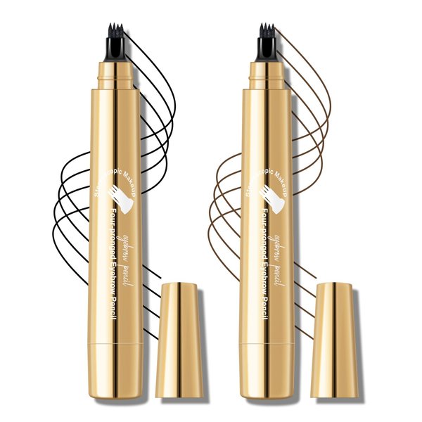 KYDA 2 Pcs Microblading Eyebrow Pencil, Black+Brown, 4 Fork Tip Liqid Eyebrow Pen, Eyebrow Tattoo Pen for Natural Brow Looking, Eyebrow Contouring Pencil, Lasting Sweatproof