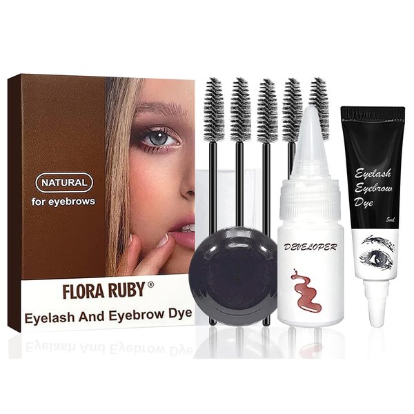 2 in 1 Black Color Set for Lashes and iBrows, Natural Bushy Eyebrow Makeup Kit, Lasting for 6 Weeks DIY Hair Dying for Salon Home Use (BROWN)