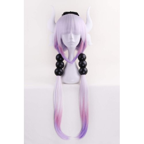 Anime Cosplay Wig Long Purple White Mixed Gradient Hair Synthetic Wigs+6 Balls+Horn+Tail