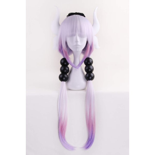 Anime Cosplay Wig Long Purple White Mixed Gradient Hair Synthetic Wigs+6 Balls+Horn+Tail