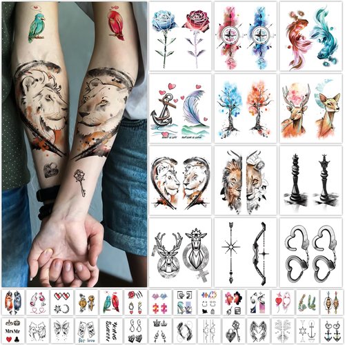 40 Sheets Valentines Day Temporary Tattoos for Adults Kids, Lion Deer Crown Heart Rose Puzzle Key Tree Poker Compass Anchor Wings Goldfish Fake Tattoos for Women Men Party Favor Supplies&Gifts