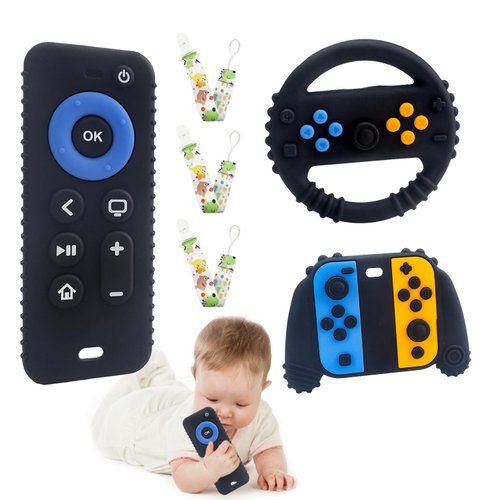 3 Pack Baby Teether Toys - TV Remote Control Shape Silicone Toddler Teething Toys for Babies 3 6 9 12 Months (Black)