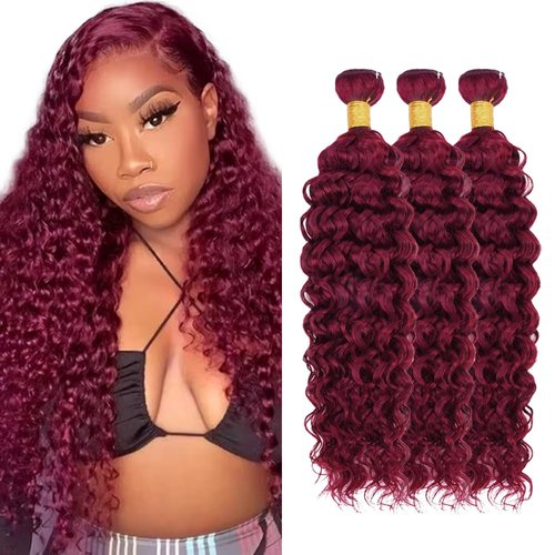 99j Human Hair Bundles Burgundy Water Wave Bundles Human Hair Red Bundles 20 22 24 inch Dark Red Wet and Wavy Bundles Human Hair Extensions