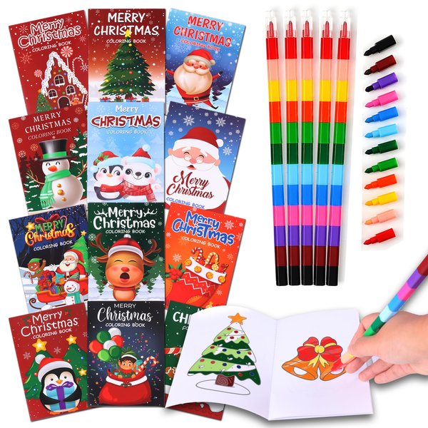 48Pcs Christmas Coloring Book for Kids with Crayons, Christmas Activity Books Mini Coloring Book Bulk DIY Art Drawing Book Set Xmas Stockings Goodie Bags Stuffer Filler Holiday Party Supplies