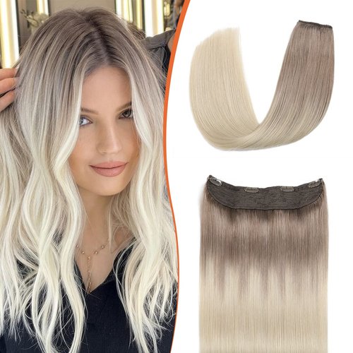Wire Hair Extensions Real Human Hair Ombre Ash Brown to Platinum Blonde Color 14Inch 65 Grams Secret Wire Invisible Wire Hair Extensions(#8/60-14inch)