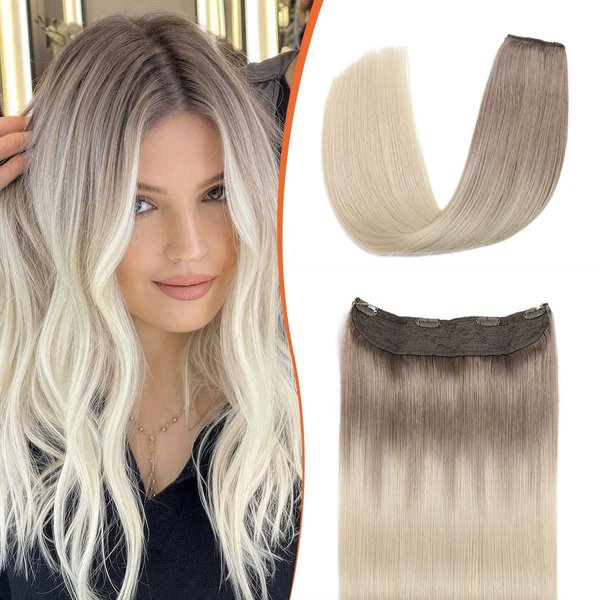Wire Hair Extensions Real Human Hair Ombre Ash Brown to Platinum Blonde Color 14Inch 65 Grams Secret Wire Invisible Wire Hair Extensions(#8/60-14inch)