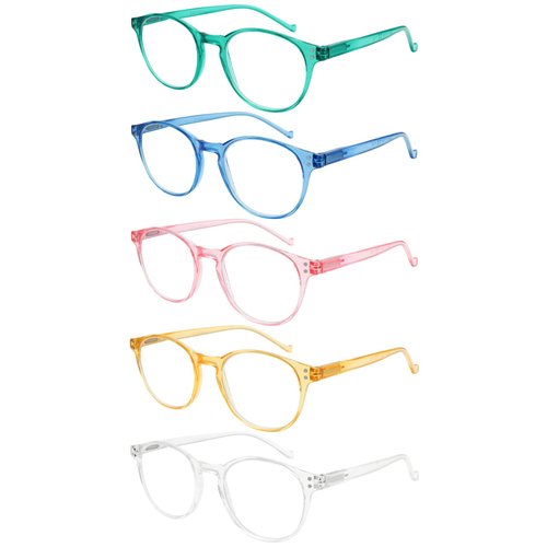 VIDEBLA 5-Pack Reading Glasses Blue Light Blocking, Fashion Round Computer Readers Women Men Clear Lens Anti UV/Glare (Mix Color, 2.50)