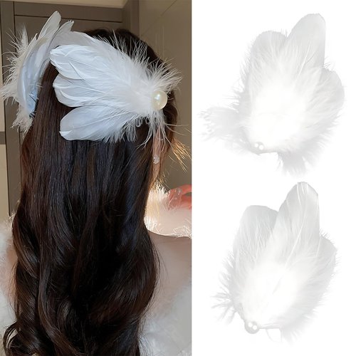 Boxkat 2 Pcs White Swan Feather Hair Clips Pearl Ostrich Hair Pins Ballet Style Stage Performance Headpiece Hair Accessories for Women Girls