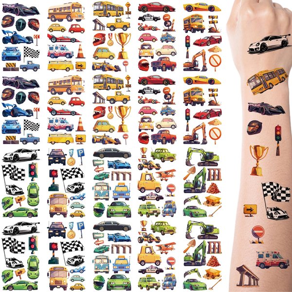 TIHEBAX Temporary Tattoos for Kids, 20 Sheets Race Car Temporary Tattoos Stickers 180PCS Car and Truck Removable Fake Tattoo Stickers for Boys Race Car Party Favors Birthday Party Costume Accessories