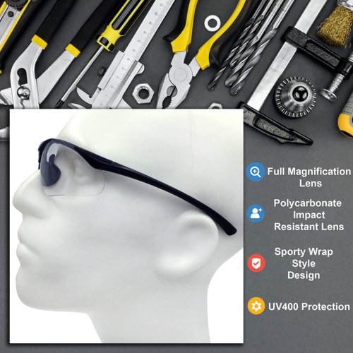 grinderPUNCH Full Lens Magnification Safety Glasses with Black Frame | Clear Lens | | Magnifying Reading Eyewear (+2.00 Diopter)