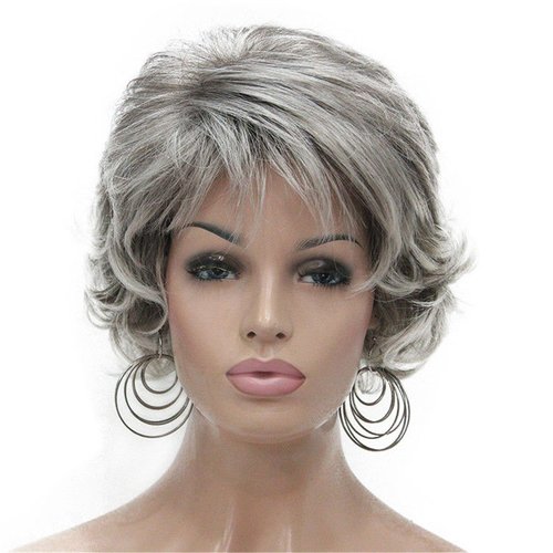 Aimole Short Curly Synthetic Wigs Full Capless Hair Women's Thick Wig for Everyday Light Gray with Dark Root (48T)