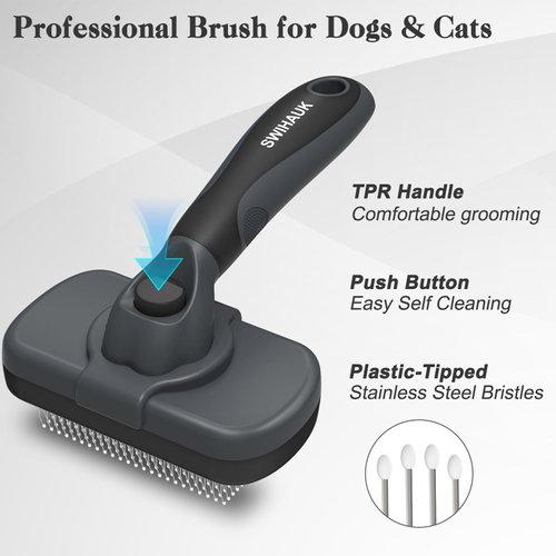 Swihauk Self Cleaning Slicker Brush for Dogs & Cats, Skin Friendly Grooming Cat Brush, Dog Brush for Shedding, Deshedding Brush, Hair Brush Puppy Brush for Haired Dogs, Pet Supplies Accessories, Gray