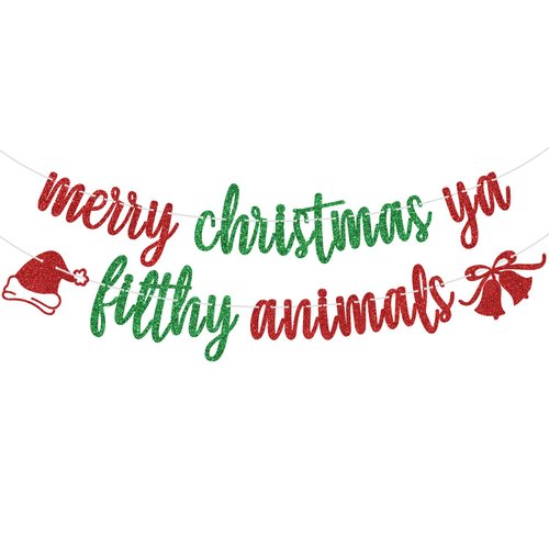 Red Glitter Merry Christmas Ya Filthy Animals Banner, Merry Christmas/Feliz Navidad, Christmas Holiday New Year Party Decorations Supplies