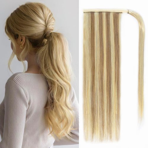 Ponytail Extension Human Hair 100% Real Remy Human Hair Wrap Around Ponytail Long Straight Ponytail Hairpiece Pony Tails Hair Extensions (16inch, 16/613（Light Blonde to Bleach Blonde）)
