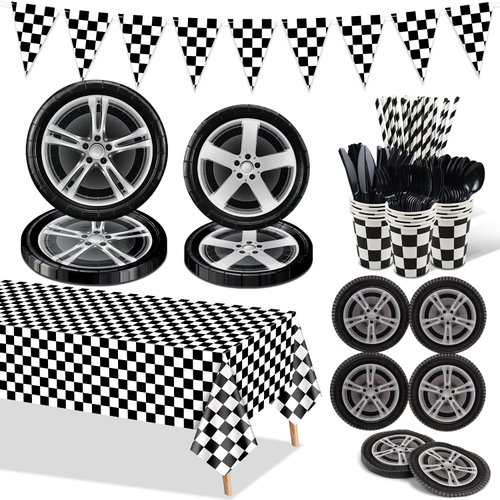 Racing Car Birthday Party Decorations, Car Wheel Party Supplies, Plates, Tire Napkins, Black Checkered Tablecloth, Cups, Cutlery for Kids' Racing Sports Themed Birthday Party, Serves 20