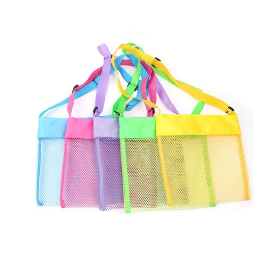 COTDINFORCA 5-PCS Colorful Mesh Beach Bags Sand Away Portable Foldable Sea Shell Bag with Adjustable Carrying Straps/Toy Storage Bag [Yellow, Rose, Purple, Green, Blue] Set of 5 Beach Bags