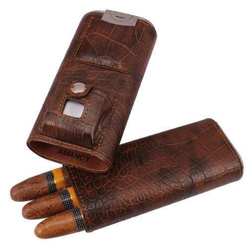 AMANCY Luxury 3 Holder Classy Black Brown Crocodile Pattern Leather Cigar Humidor Case Set with Lighter and Cutter - Great Cigar Gift Kit for men