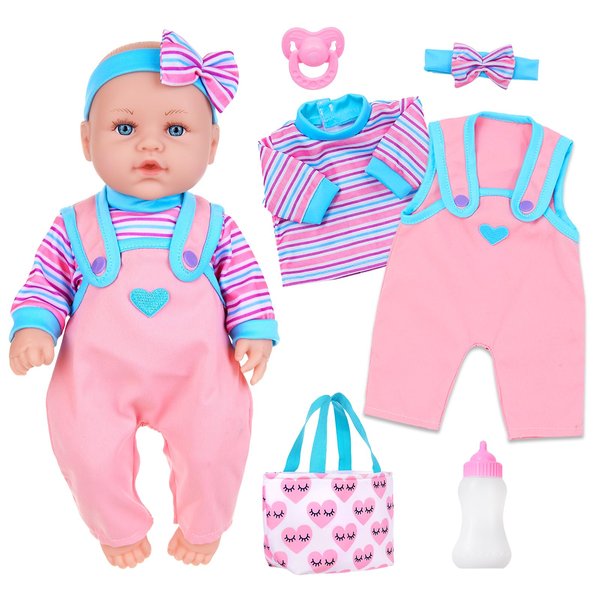 18INDC 14 Inch Baby Doll and Doll Clothes Accessories Set Newborn Baby Doll Set Realistic Silicone Soft Doll Includes Doll,Outfit, Jumpsuit, Pacifier, Feeding Bottle, Headband