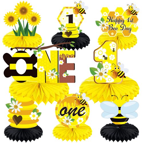 Lnlofen 8Pcs Bumble Bee Birthday Party Decorations Honeycomb Centerpieces, Happy 1st Bee Day Birthday Themed Table Centerpiece Toppers Party Supplies, Honey Bee Birthday Party Table Sign Decor