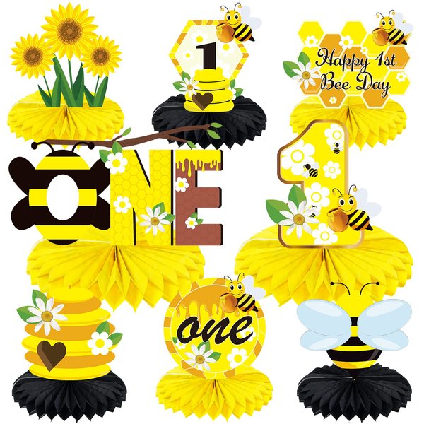 Lnlofen 8Pcs Bumble Bee Birthday Party Decorations Honeycomb Centerpieces, Happy 1st Bee Day Birthday Themed Table Centerpiece Toppers Party Supplies, Honey Bee Birthday Party Table Sign Decor