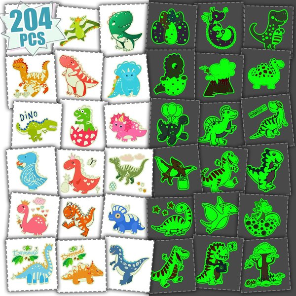 Partywind 204 Styles Glow Dinosaur Party Supplies, 34 Sheets Dinosaur Temporary Tattoos for Kids Goodie Bag Stuffers, Glow Dinosaur Tattoos for the Dark Party Decorations