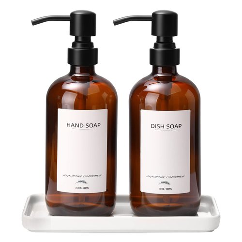 Supforce Glass Soap Dispenser with Ceramic Tray and Stainless Steel Pump, Kitchen Soap Dispenser Set with 12 Waterproof Labels, Dish Soap and Hand Soap Dispenser for Kitchen Bathroom Farmhouse