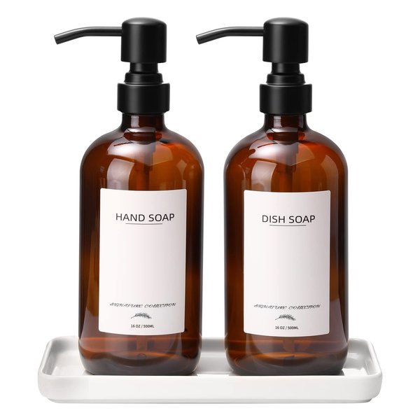 Supforce Glass Soap Dispenser with Ceramic Tray and Stainless Steel Pump, Kitchen Soap Dispenser Set with 12 Waterproof Labels, Dish Soap and Hand Soap Dispenser for Kitchen Bathroom Farmhouse