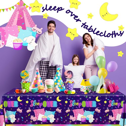 HAKOTI Slumber Party Decorations,3Pcs Rectangle Sleepover Party Tablecloths Waterproof Plastic Slumber Party Table Covers for Girls Pajama Party Galentine’s Day Supplies