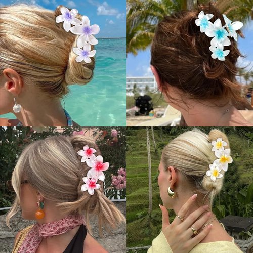 CURASA 4Pcs Flower Claw Clips Hawaiian Flower Hair Clips for Women Girls Plumeria Hair Clip Hibiscus Hair Claw Clips for Thick Hair Flower Claw Clip Pearlescent Summer Hair Accessories for Women