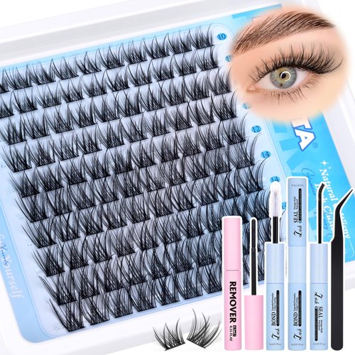 PHKERATA Wispy Lash Clusters Kit Natural Lash Extension Kit Eyelash Clusters C Curl Cluster Lashes Individual Lashes with Lash Bond and Seal Lash Glue Remover Lash Tweezers Cluster Eyelash Extension