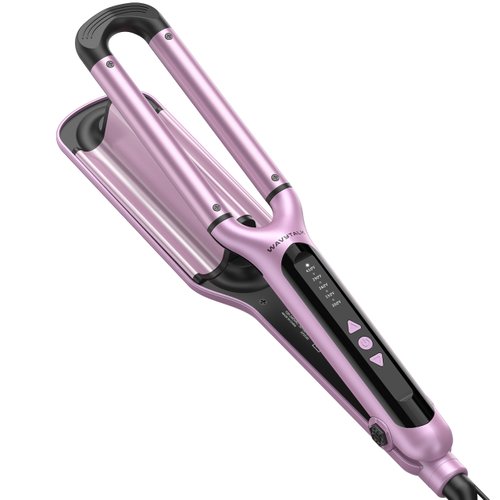 Wavytalk Curling Iron Beach Waves, Hair Crimpers with 3 Barrel, Ceramic Curling Wand Adjustable Temperature Easy Waves, Dual Voltage, Pink