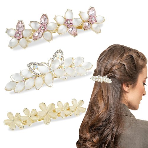IBEQUEM 3Pcs Flower Opal Hair Clips, Vintage Rhinestone Hair Barrettes, Fancy Crystal Hair Clamps French Elegant Ponytail Holder, Christmas Wedding Bridal Hair Decorative Accessories for Women Girl