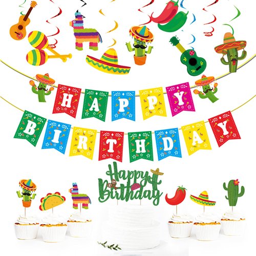 Mexican Theme Birthday Party Decorations Set, Fiesta Party Supplies, Pre-Strung Happy Birthday Banner, Cupcake Cake Toppers, Cactus Taco Ceiling Hanging Swirls, Mexican Cinco De Mayo Party Supplies